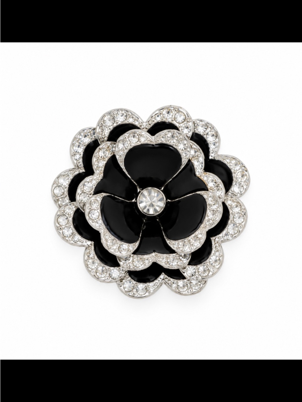 Made in Germany Black Flower Silver Edges Aluminum Rhinestone Center Brooch